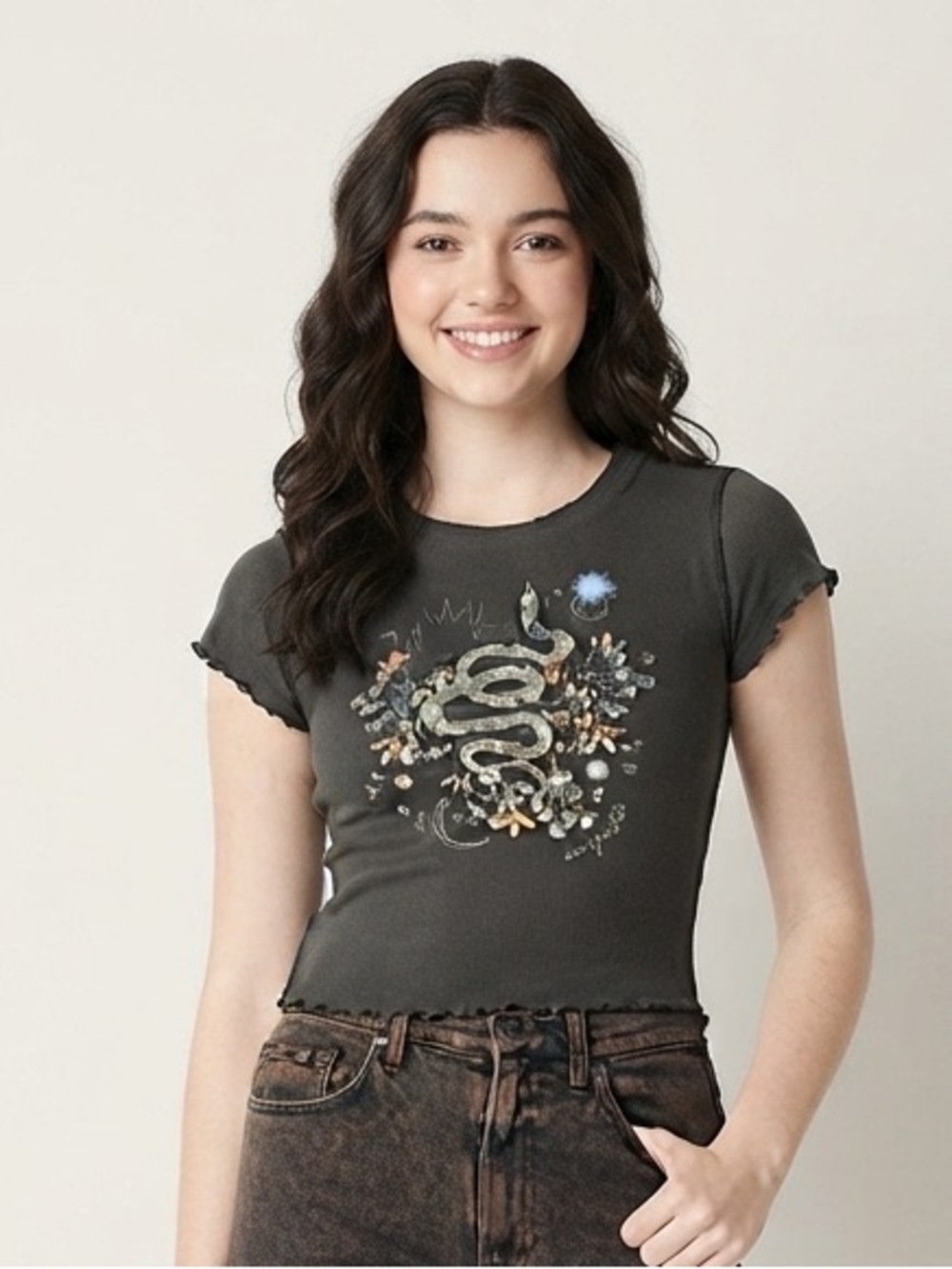 Arizona Womens Juniors Round Neck  T-Shirt in Dark Grey Phantom Snake Pattern